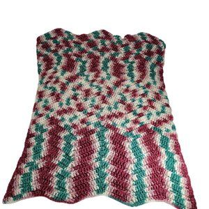 Vintage Crocheted Baby Blanket Afghan 28" x 20"Green Maroon